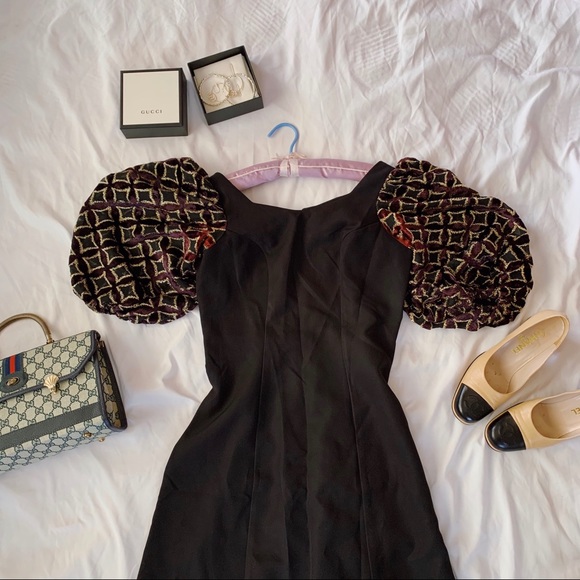 Vtg 80s Ballon Sleeves Velvet Wiggle Maxi Dress - Picture 8 of 9